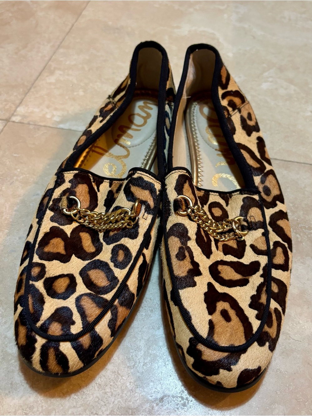 Sam Edelman Leopard Print Chain-Accent Women’s Loafers Tan/Black size 7 Like new